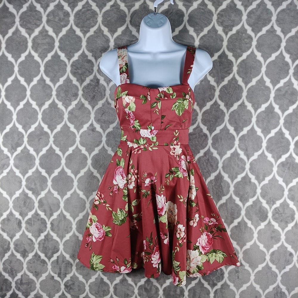 IXIA Dress Small Pink Coral Floral Fit Flare Mini Cottag Rockabilly Pinup Retro